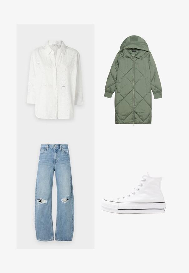 Gesteppten langer grüner Daunenmantel mit Kapuze, mit einem Reißverschluss vorne und zwei Seitentaschen. Strukturiertes Rautenmuster auf der gesamten Fläche.; Weißes Hemd mit Knopfleiste aus besticktem Stoff mit Lochstickereien, ausgestattet mit einem Kragen und Dreiviertelärmeln.; Helles, hochtailliertes Jeans aus Denim. Hat weit geschnittene Beine, zwei aufgerissene Kniebereiche und klassischen Fünf-Taschen-Stil.; Weiße hochwertige Leinensneaker mit schwarzer Gummisohle, vorderem Gummizehenschutz und sechs Ösen für Schnürsenkel, die ein sauberes, minimalistisches Design aufweisen.