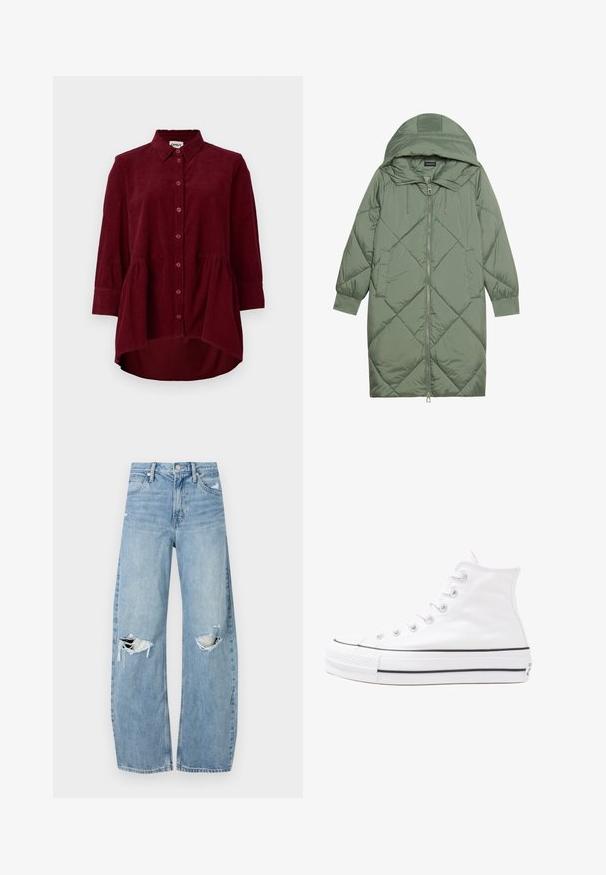 Quiltet lang grønn pufferjakke med hette, med en frontglidelås og to sidelommer. Teksturerte diamantmønster overalt.; Bordeaux kordfløyelskjorte med klassisk krage, knappelukking foran og trekvart ermer; har en peplum-skjæring og teksturert stoff.; Lyseblå høytlivsjeans laget av denim. Har vide bein, to revne knær og klassisk fem-lommers design.; Hvit høy-skinn kanvas sneakers med svart gummisåle, gummitåhette foran og seks hull for snorer, med et rent, minimalistisk design.