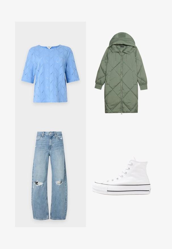 Quiltana duga zelena puffer jakna s kapuljačom, s prednjim zatvaračem i dva bočna džepa. Teksturni dijamantni uzorak kroz cijelu jaknu.; Svijetloplava kratkotrgana majica s uzorkom valova i izrezima. Okrugli izrez, opušteni kroj, izrađena od teksturiranog materijala.; Svijetloplave, visoko-strukirane traperice. Imaju široke nogavice, dva razderana područja na koljenima i klasičan stil s pet džepova.; Bijela visoka platnena tenisica s crnom gumenom potplatom, prednjim gumenim zaštitnikom prstiju i šest rupa za vezanje, s čistim, minimalističkim dizajnom.