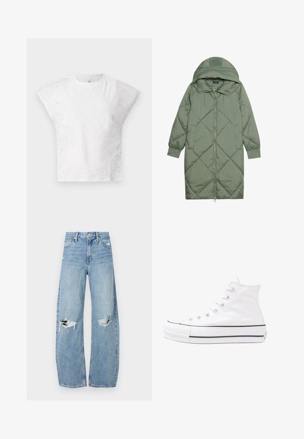 Manteau matelassé long vert avec capuche, doté d'une fermeture éclair à l'avant et de deux poches latérales. Motif en losanges texturé sur toute sa surface.; Top blanc à manches courtes avec un design en œillets texturés, des épaules structurées et un col rond. Tissu léger.; Jeans en denim bleu clair à taille haute. Présentent des jambes larges, deux zones déchirées aux genoux et un style classique à cinq poches.; Baskets montantes en toile blanche avec semelle en caoutchouc noir, capuchon en caoutchouc à l'avant, et six œillets pour les lacets, présentant un design épuré et minimaliste.