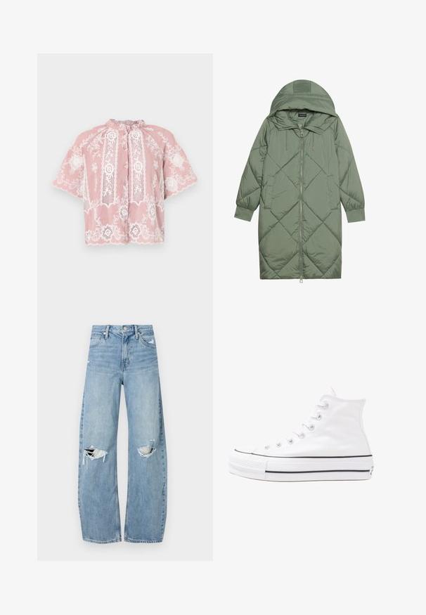 Gesteppten langer grüner Daunenmantel mit Kapuze, mit einem Reißverschluss vorne und zwei Seitentaschen. Strukturiertes Rautenmuster auf der gesamten Fläche.; Rosa Kurzarmbluse mit floralem weißen Spitzenstickereien, gewellten Kanten und einem Rüschenausschnitt. Mit einer durchgehenden Knopfleiste.; Helles, hochtailliertes Jeans aus Denim. Hat weit geschnittene Beine, zwei aufgerissene Kniebereiche und klassischen Fünf-Taschen-Stil.; Weiße hochwertige Leinensneaker mit schwarzer Gummisohle, vorderem Gummizehenschutz und sechs Ösen für Schnürsenkel, die ein sauberes, minimalistisches Design aufweisen.