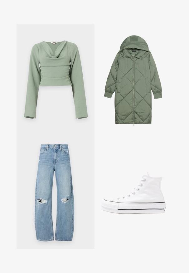 Cele nouă pictate în verde închis, din material pufos, cu glugă, care dispune de închidere cu fermoar frontal și două buzunare laterale. Model texturat cu un model în diamant pe întreaga suprafață.; Top cropped cu mânecă lungă, dintr-un material moale și texturat de culoare verde mentă. Are un guler drapat și un design ajustat, cu un detaliu cu cusătură orizontală.; Jeans de denim, de un bleu deschis, cu talie înaltă. Au picioare late, două zone rupte la genunchi și un stil clasic cu cinci buzunare.; Adidași albi tip pantofi sport cu glezna din pânză, cu talpă din cauciuc negru, capac de vârf din cauciuc frontal și șase ochiuri pentru șireturi, având un design curat și minimalist.