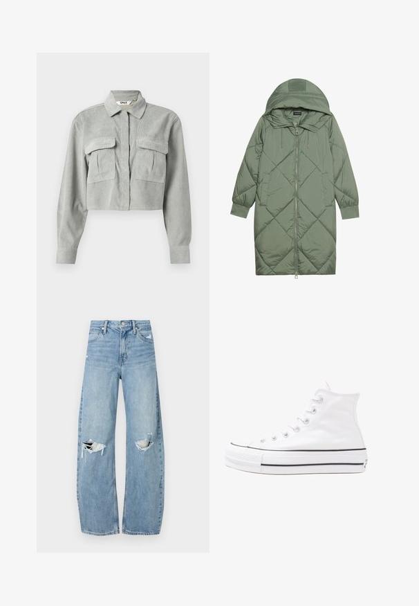 Izšūts garš zaļš pūšļa mētelis ar kapuci, ar priekšējo rāvējslēdzēju un divām sānu kabatām. Visā virsmā ir teksturēta dimanta raksts.; Izgriezta pelēka korduroja krekls ar garām piedurknēm, divām krūšu kabatām un norādītu apkakli. Audumam ir smalka teksturēta raksts.; Gaiši zili, augstās vidukļa džinsi, kas izgatavoti no denima. Iespējas plašas kājas, divas plēstas ceļa daļas un klasiskā piecu kabatu dizains.; Balti augstie kanvas sporta apavi ar melnu gumijas zoli, priekšējo gumijas purngalu un sešām acīm lencēm, kuriem ir tīrs, minimālistisks dizains.