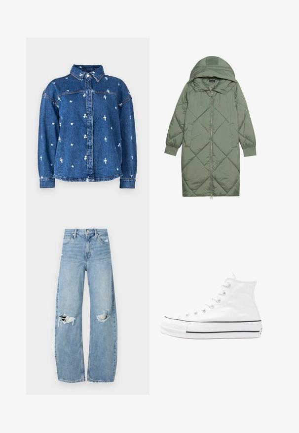 Izšūts garš zaļš pūšļa mētelis ar kapuci, ar priekšējo rāvējslēdzēju un divām sānu kabatām. Visā virsmā ir teksturēta dimanta raksts.; Denim jaka ar apkakles kaklu, gaiši zilas ziedu rakstā, ar pogām priekšā un garām piedurknēm. Audums ir ar klasisku zilu mazgāšanas apdari.; Gaiši zili, augstās vidukļa džinsi, kas izgatavoti no denima. Iespējas plašas kājas, divas plēstas ceļa daļas un klasiskā piecu kabatu dizains.; Balti augstie kanvas sporta apavi ar melnu gumijas zoli, priekšējo gumijas purngalu un sešām acīm lencēm, kuriem ir tīrs, minimālistisks dizains.