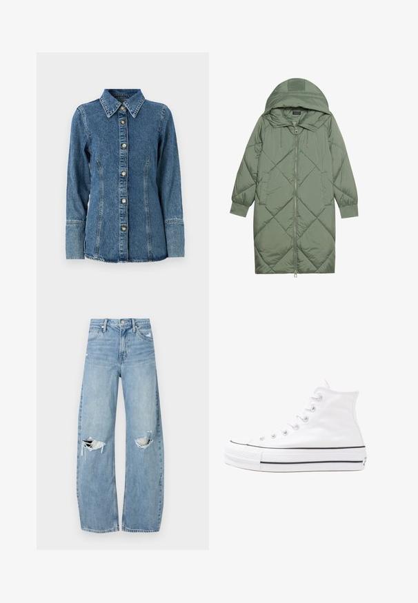 Cappotto lungo imbottito verde con un cappuccio, caratterizzato da una chiusura frontale a zip e due tasche laterali. Motivo a rombi testurizzati su tutta la superficie.; Camicia di denim blu medio, con colletto classico, maniche lunghe, chiusura con bottoni e cuciture a contrasto lungo le cuciture.; Jeans azzurri chiari a vita alta realizzati in denim. Presentano gambe larghe, due aree strappate sulle ginocchia e il classico styling a cinque tasche.; Sneaker alta in tela bianca con suola in gomma nera, punta in gomma frontale e sei asole per i lacci, caratterizzata da un design pulito e minimalista.
