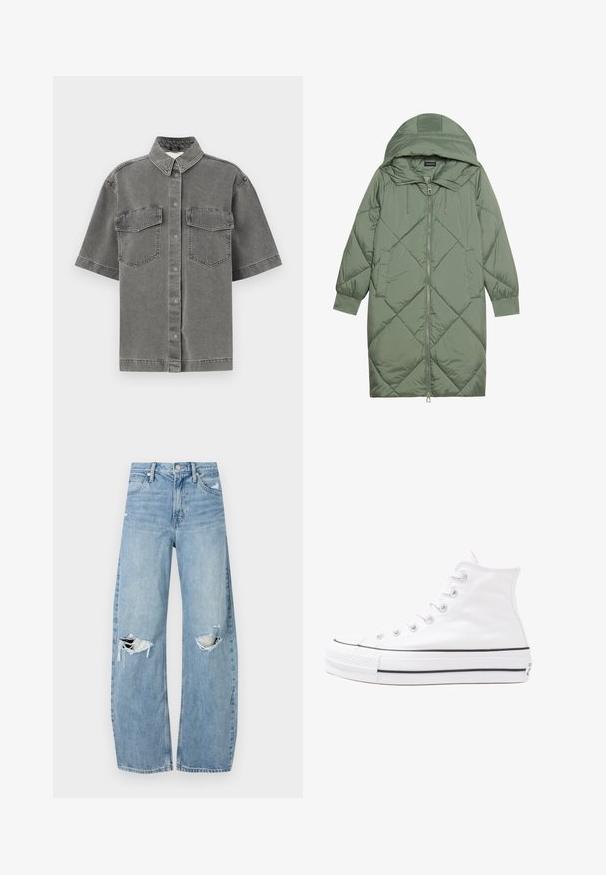 Quiltuotas ilgas žalias pūkinis paltas su kapuce, turintis priekinį užtrauktuką ir dvi šonines kišenes. Visame paviršiuje yra tekstūrinis rombų raštas.; Pilkos džinsinės marškinės trumpomis rankovėmis su apykakle, dviem krūtinės kišenėmis ir mygtukų užsegimu. Turi nusidėvėjusią tekstūrą ir standartinį siluetą.; Šviesiai mėlynos, aukštu juosmeniu džinsai pagaminti iš džinsinio audinio. Turi plačias kojų kelnes, dvi suplėšytas kelio vietas ir klasikinį penkių kišenių dizainą.; Balti aukštakulniai drobės sportbačiai su juodu guminio pado, priekinio guminio piršto dangteliu ir šešiais akytėmis raištams, pasižymintys švariu, minimalistiniu dizainu.