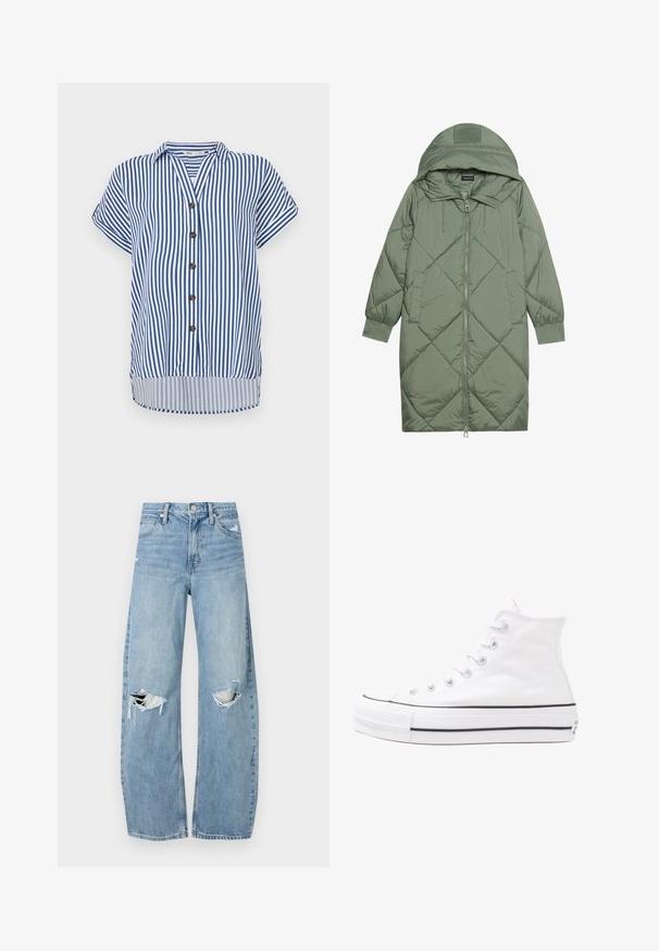 Abrigo acolchado largo verde tipo puffer con capucha, que presenta un cierre frontal con cremallera y dos bolsillos laterales. Patrón de diamantes texturizado en toda su superficie.; Camisa de botones de manga corta con rayas verticales azul y blancas, con cuello, cinco botones marrones y un dobladillo ligeramente curvado.; Vaqueros de mezclilla de tiro alto en azul claro. Tienen piernas anchas, dos áreas desgastadas en las rodillas y un estilo clásico de cinco bolsillos.; Zapatilla de lona alta blanca con suela de goma negra, puntera de goma frontal y seis ojetes para los cordones, que presenta un diseño limpio y minimalista.
