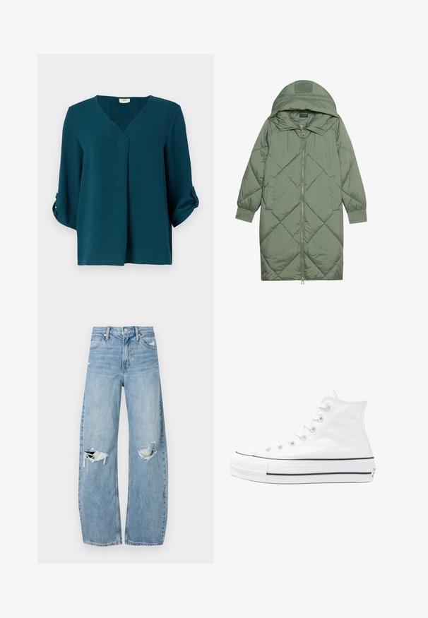 Izšūts garš zaļš pūšļa mētelis ar kapuci, ar priekšējo rāvējslēdzēju un divām sānu kabatām. Visā virsmā ir teksturēta dimanta raksts.; Tirkīza blūze ar V-veida kakla izgriezumu, trīs ceturtdaļu piedurknēm un pogājamiem manžetēm. Izgatavota no teksturēta auduma ar brīvu piegriezumu un priekšējo piegriezuma detaļu.; Gaiši zili, augstās vidukļa džinsi, kas izgatavoti no denima. Iespējas plašas kājas, divas plēstas ceļa daļas un klasiskā piecu kabatu dizains.; Balti augstie kanvas sporta apavi ar melnu gumijas zoli, priekšējo gumijas purngalu un sešām acīm lencēm, kuriem ir tīrs, minimālistisks dizains.