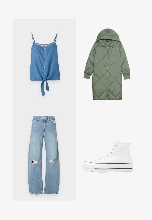 Steppelt, hosszú zöld pufikabát kapucnival, elöl cipzáras záródással és két oldalsó zsebből áll. Az anyagon teljes hosszában váltakozó gyémántmintázat található.; Denim ujjatlan felső állítható pántokkal, gombos elülső résszel és megkötött alsó résszel. Világoskék szín és puha textúra.; Világoskék, magas derekú farmernadrág. Széles lábakkal, két szakadt térddel és klasszikus öt zsebes dizájnnal rendelkezik.; Fehér magaskorsó vászon sportcipő fekete gumi talppal, elülső gumi orrnyereggel és hat fűzőlyukkal, letisztult, minimalista dizájnnal.