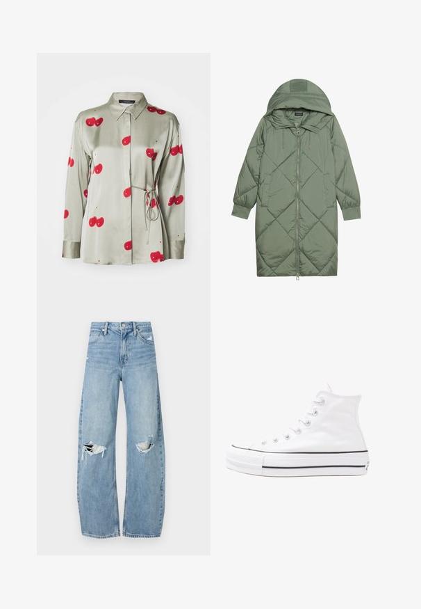 Gequiltede lange groene pufferjas met een capuchon, met een ritssluiting aan de voorkant en twee zijzakken. Gelaagd ruitpatroon overal.; Groene satijnen blouse met een button-down kraag, lange mouwen en rode kersenprints. Heeft een strikceintuur in de taille en een zachte textuur.; Lichtblauwe, hooggeritste jeans van denim. Beschikken over wijde pijpen, twee gescheurde knievalken en klassieke vijfzakken styling.; Witte high-top canvas sneakers met een zwarte rubberen zool, een rubberen neuskap aan de voorkant en zes gaatjes voor veters, met een schone, minimalistische uitstraling.