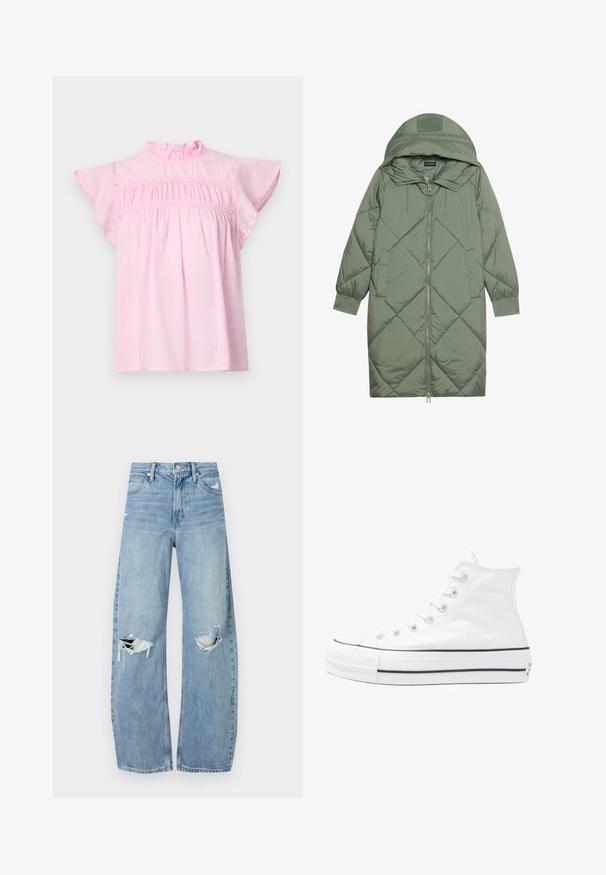 Pistetud pikk roheline puffermantel kapuutsiga, esiküljel tõmblukuga ja kahe küljetaskuga. Kogu pinnal on struktureeritud rombikujundus.; Roosa puuvillane pluus, millel on rippuv kaelus, lendavad varrukad ja kokku volditud rind, kaunistatud pitsist äärega. Peen punktide tekstuur.; Heledad hallideega sinised teksad, millel on kõrge talje. Teksade jalgadel on lai alus, kaks rebitud kohta põlvede ümber ning klassikaline viie tasku stiil.; Valge kõrgem kangast tenniseking, millel on must kummist tald, ees kummist varvasetugi ja kuus aukku paelte jaoks, pakkudes puhta ja minimalistliku disaini.