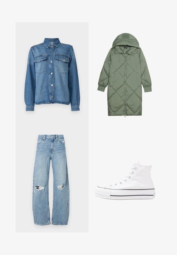 Quiltuotas ilgas žalias pūkinis paltas su kapuce, turintis priekinį užtrauktuką ir dvi šonines kišenes. Visame paviršiuje yra tekstūrinis rombų raštas.; Šviesiai mėlynas džinsinis švarkas su priekiniais mygtukais, dviem krūtinės kišenėmis, smailiu apykakle ir ilgomis rankovėmis su mygtukais.; Šviesiai mėlynos, aukštu juosmeniu džinsai pagaminti iš džinsinio audinio. Turi plačias kojų kelnes, dvi suplėšytas kelio vietas ir klasikinį penkių kišenių dizainą.; Balti aukštakulniai drobės sportbačiai su juodu guminio pado, priekinio guminio piršto dangteliu ir šešiais akytėmis raištams, pasižymintys švariu, minimalistiniu dizainu.