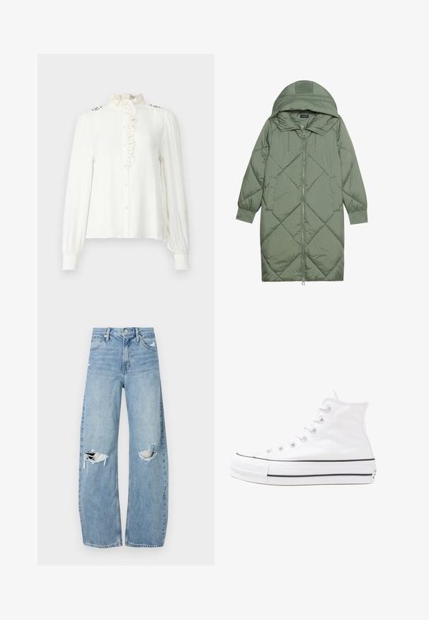 Quiltet lang grøn pufferjakke med hætte, med frontlynlås og to sidelommer. Teksturret diamantmønster over det hele.; Hvid langærmet bluse med flæset høj hals, for-trykknaplukning og dekorative detaljer på skuldrene. Glat stof med en afslappet pasform.; Lysblå, højtraljede jeans lavet af denim. Har brede ben, to huller ved knæene og klassisk fem-lommes stil.; Hvide høje kanvas sneakers med sort gummisål, gummitåhætte foran og seks øjehuller til snørebånd, der har et rent, minimalistisk design.