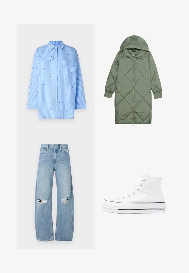Manteau matelassé long vert avec capuche, doté d'une fermeture éclair à l'avant et de deux poches latérales. Motif en losanges texturé sur toute sa surface.; Chemise rayée bleue à manches longues, avec un devant à boutons, une poche poitrine et des motifs géométriques noirs disséminés.; Jeans en denim bleu clair à taille haute. Présentent des jambes larges, deux zones déchirées aux genoux et un style classique à cinq poches.; Baskets montantes en toile blanche avec semelle en caoutchouc noir, capuchon en caoutchouc à l'avant, et six œillets pour les lacets, présentant un design épuré et minimaliste.