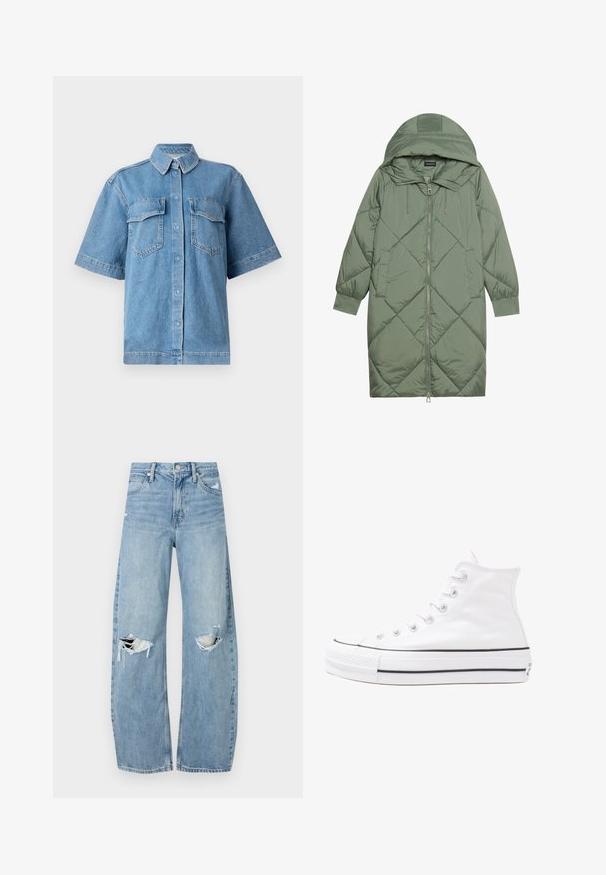 Vihreä vuorattu pitkänmallinen puhvitakki, jossa on huppu, etuvetoketju ja kaksi sivutaskua. Koko takin pinta on teksturoidussa timanttikuviossa.; Sininen farkkupaita lyhythihaisella kauluksella, jossa on kaksi rintataskua ja nappisuljenta. Ominaisuutena rento malli ja haalistunut pinta.; Vaaleansiniset, korkeavyötäröiset farkut, jotka on valmistettu denimmateriaalista. Ominaisuuksiin kuuluvat leveät lahkeet, kaksi revittyä polvialuetta ja klassinen viiden taskun tyyli.; Valkoiset korkeavartiset kangaskengät mustalla kumipohjalla, edessä kuminen varvasosa ja kuusi nauha-aukkoa, puhtaan minimalistisella muotoilulla.