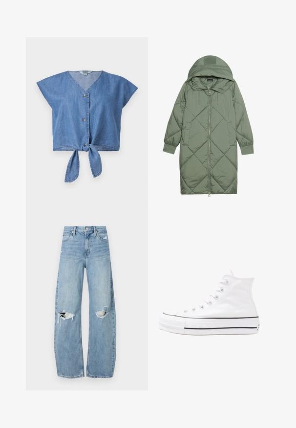 Quiltet lang grønn pufferjakke med hette, med en frontglidelås og to sidelommer. Teksturerte diamantmønster overalt.; Lys blå denim cropped topp med V-hals, cap sleeves, frontend med knappelukking og knute detalj i nederkant. Glatt tekstur.; Lyseblå høytlivsjeans laget av denim. Har vide bein, to revne knær og klassisk fem-lommers design.; Hvit høy-skinn kanvas sneakers med svart gummisåle, gummitåhette foran og seks hull for snorer, med et rent, minimalistisk design.
