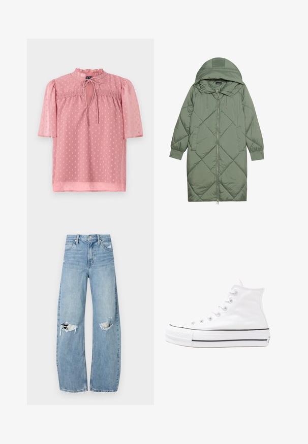 Quiltet lang grønn pufferjakke med hette, med en frontglidelås og to sidelommer. Teksturerte diamantmønster overalt.; Lys rosa bluse med korte pufferm, en flosset halslinje og gjennomsiktig tekstur. Har et nøkkelhull foran og prikkete mønster over hele.; Lyseblå høytlivsjeans laget av denim. Har vide bein, to revne knær og klassisk fem-lommers design.; Hvit høy-skinn kanvas sneakers med svart gummisåle, gummitåhette foran og seks hull for snorer, med et rent, minimalistisk design.