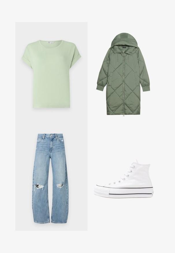 Manteau matelassé long vert avec capuche, doté d'une fermeture éclair à l'avant et de deux poches latérales. Motif en losanges texturé sur toute sa surface.; T-shirt vert clair en tissu doux, avec un col rond et des manches courtes retroussées. Coupe simple et décontractée sans motifs ni accents.; Jeans en denim bleu clair à taille haute. Présentent des jambes larges, deux zones déchirées aux genoux et un style classique à cinq poches.; Baskets montantes en toile blanche avec semelle en caoutchouc noir, capuchon en caoutchouc à l'avant, et six œillets pour les lacets, présentant un design épuré et minimaliste.