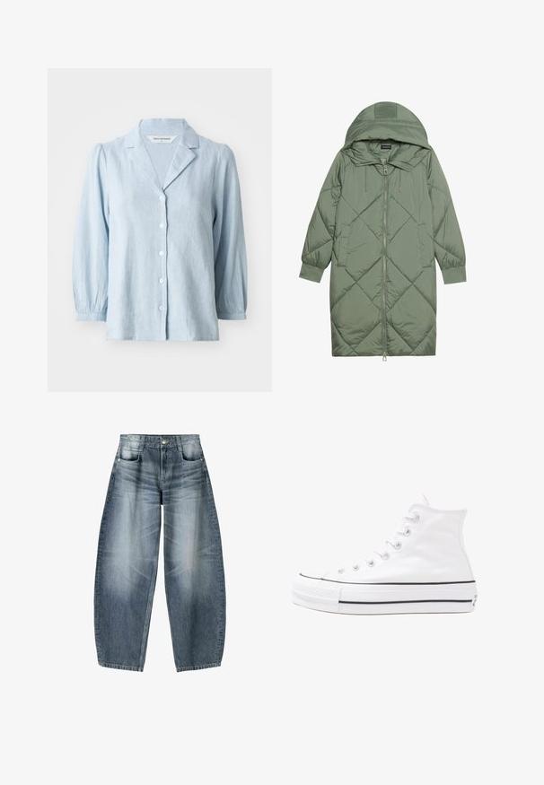 Quilted long green puffer coat with a hood, featuring a front zipper closure and two side pockets. Textured diamond pattern throughout.; Light blue button-up shirt, made of textured fabric, featuring a notched collar and puffed sleeves, with white buttons down the front.; Wide-leg jeans made of light blue denim with fading, featuring a five-pocket design, button fly, and minimal stitching details.; White high-top canvas sneaker with black rubber sole, front rubber toe cap, and six eyelets for laces, featuring a clean, minimalist design.