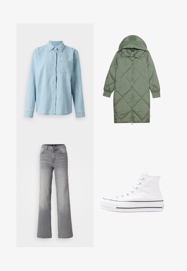 Pistetud pikk roheline puffermantel kapuutsiga, esiküljel tõmblukuga ja kahe küljetaskuga. Kogu pinnal on struktureeritud rombikujundus.; Hele sinine denim särk pikkade varrukatega, nupuvajutustega esiosa ja rinnaembliga. Omab valget lilleline tikandit üle kogu kanga.; Kõrge vöökoht, sirged hallid teksad, millel on ees nupp ja lukku, ees ja taga taskud ning hägune varjund reitel ja sääremarjadel.; Valge kõrgem kangast tenniseking, millel on must kummist tald, ees kummist varvasetugi ja kuus aukku paelte jaoks, pakkudes puhta ja minimalistliku disaini.