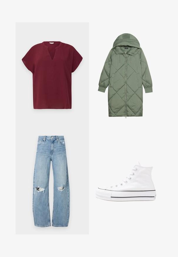 Quilted long green puffer coat with a hood, featuring a front zipper closure and two side pockets. Textured diamond pattern throughout.; Burgundy short-sleeve top with a V-neckline, made from a textured fabric. Features a relaxed fit and clean hemline.; Light blue, high-waisted jeans made of denim. Feature wide legs, two torn knee areas, and classic five-pocket styling.; White high-top canvas sneaker with black rubber sole, front rubber toe cap, and six eyelets for laces, featuring a clean, minimalist design.