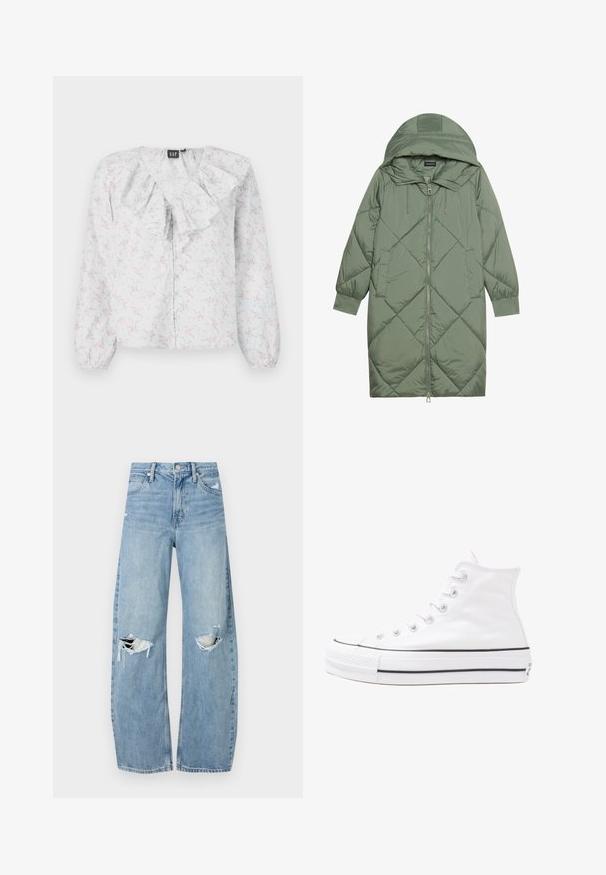 Izšūts garš zaļš pūšļa mētelis ar kapuci, ar priekšējo rāvējslēdzēju un divām sānu kabatām. Visā virsmā ir teksturēta dimanta raksts.; Balta blūze ar viļņotu kakla izgriezumu, ziedu rakstu rozā un zilā krāsā, garām piedurknēm un pogu aizdari priekšpusē. Viegls, teksturēts audums.; Gaiši zili, augstās vidukļa džinsi, kas izgatavoti no denima. Iespējas plašas kājas, divas plēstas ceļa daļas un klasiskā piecu kabatu dizains.; Balti augstie kanvas sporta apavi ar melnu gumijas zoli, priekšējo gumijas purngalu un sešām acīm lencēm, kuriem ir tīrs, minimālistisks dizains.