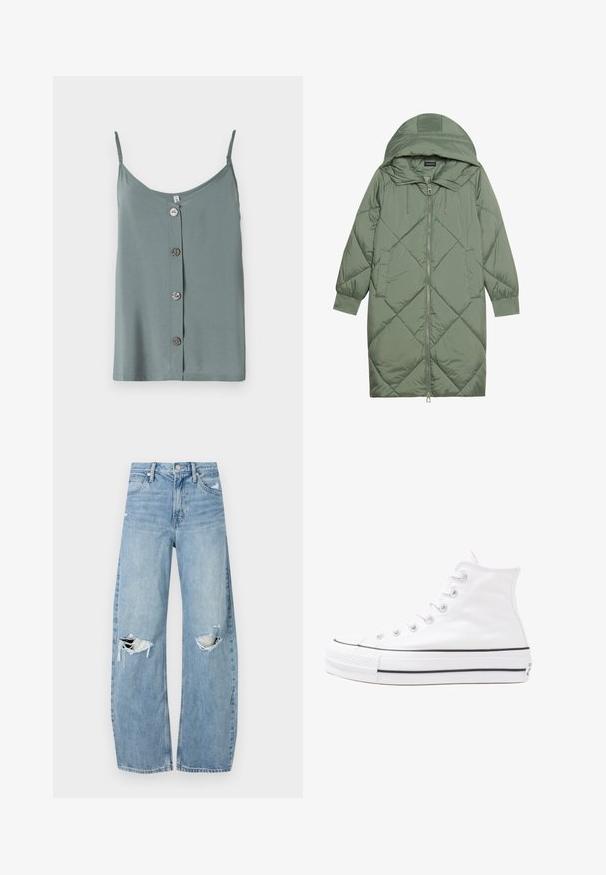 Zelený prešívaný páperový kabát s kapucňou, so zipsovým uzáverom vpredu a dvoma bočnými vreckami. Po celom povrchu je textúrovaný diamantový vzor.; Bezrukávový, svetlozelený top s okrúhlym výstrihom a predným zapínaním na päť hladkých, okrúhlych gombíkov. Mäkkučká látka s voľným strihom.; Svetlomodré, vysoké džínsy vyrobené z denimu. Majú široké nohavice, dve roztrhnuté kolená a klasický päťvreckový strih.; Biele vysoké plátené tenisky s čiernou gumovou podošvou, prednou gumovou špičkou a šiestimi okami na šnúrky, s čistým, minimalistickým dizajnom.