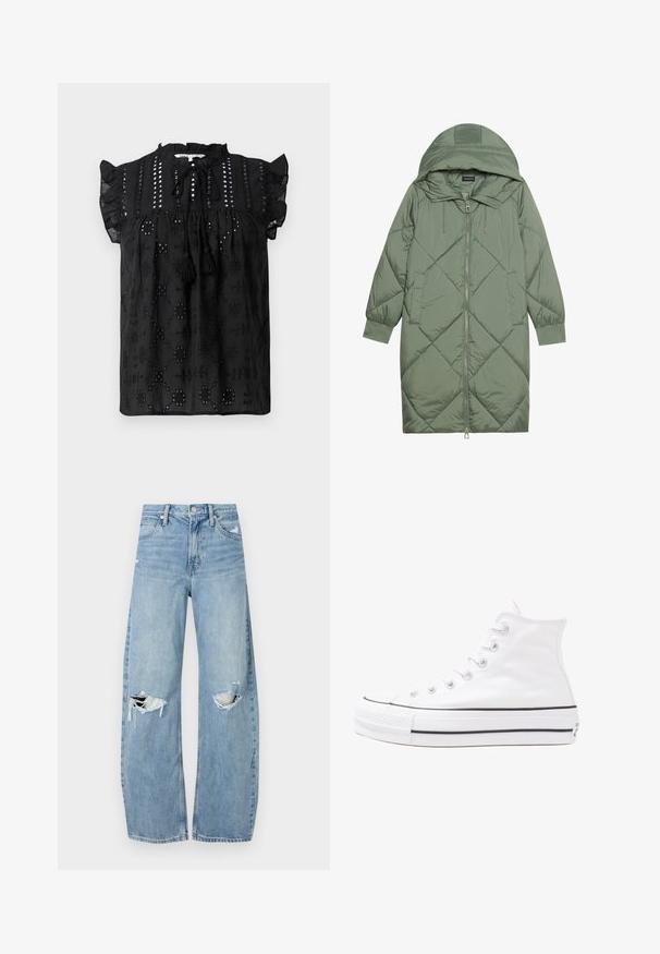 Manteau matelassé long vert avec capuche, doté d'une fermeture éclair à l'avant et de deux poches latérales. Motif en losanges texturé sur toute sa surface.; Blouse noire à manches courtes avec un col froncé, des détails en dentelle et des accents à pompons. Présente des motifs brodés et un tissu texturé.; Jeans en denim bleu clair à taille haute. Présentent des jambes larges, deux zones déchirées aux genoux et un style classique à cinq poches.; Baskets montantes en toile blanche avec semelle en caoutchouc noir, capuchon en caoutchouc à l'avant, et six œillets pour les lacets, présentant un design épuré et minimaliste.
