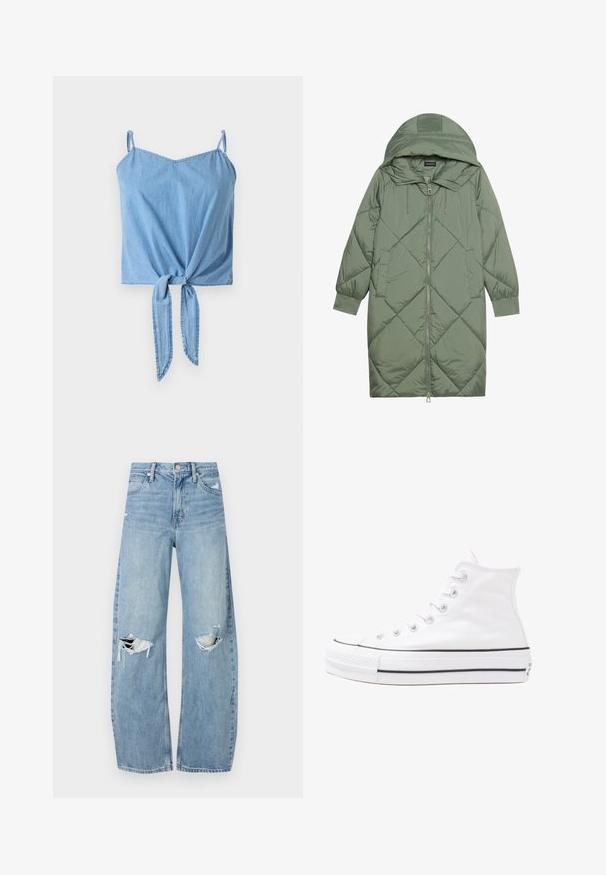 Quiltet lang grøn pufferjakke med hætte, med frontlynlås og to sidelommer. Teksturret diamantmønster over det hele.; Lys blå denim crop top med tynde justerbare stropper, en tvistet frontknude-detalje og en glat overflade.; Lysblå, højtraljede jeans lavet af denim. Har brede ben, to huller ved knæene og klassisk fem-lommes stil.; Hvide høje kanvas sneakers med sort gummisål, gummitåhætte foran og seks øjehuller til snørebånd, der har et rent, minimalistisk design.