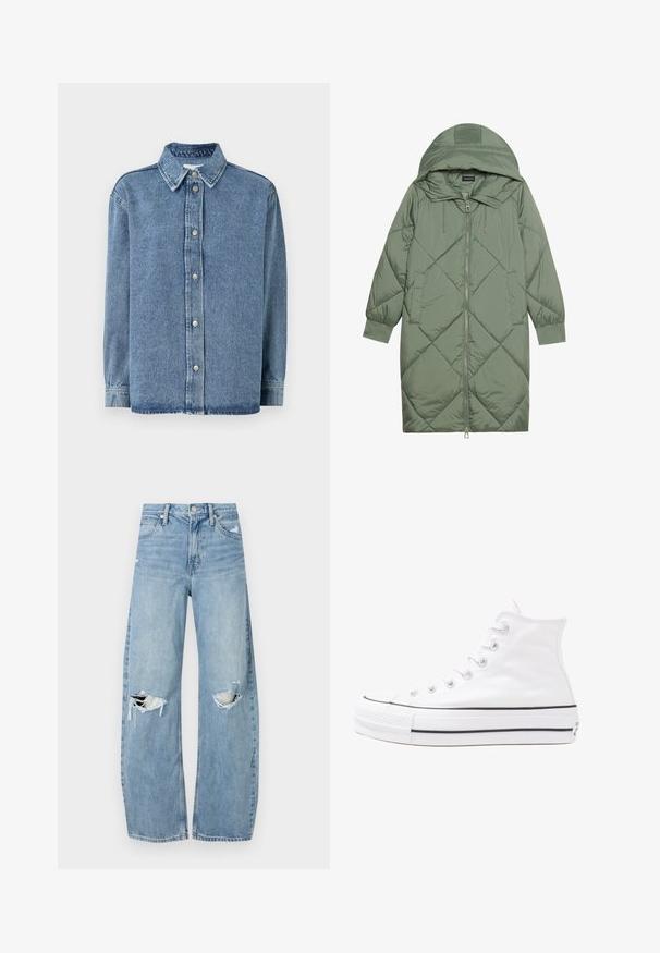 Prostorna dolga zeleni puffer plašč s kapuco, z zadrgo spredaj in dvema stranskima žepoma. Tekstura z diamantnim vzorcem po celotni površini.; Denimska srajca v svetlo modri barvi z dolgimi rokavi, zapiranje spredaj s češlji, usnjeni ovratnik in sproščen kroj. Mehka tekstura z minimalnimi detajli šivanja.; Svijetloplave traperice visoki struk. Imaju široke nogavice, dva poderana područja na koljenima i klasičan petotoksi stil.; Beli visoki platneni športni čevelj z črnim gumijastim podplatom, sprednjim gumijastim zaščitnikom za prste in šestimi luknjicami za vezalke, ki se ponaša s preprostim, minimalističnim dizajnom.