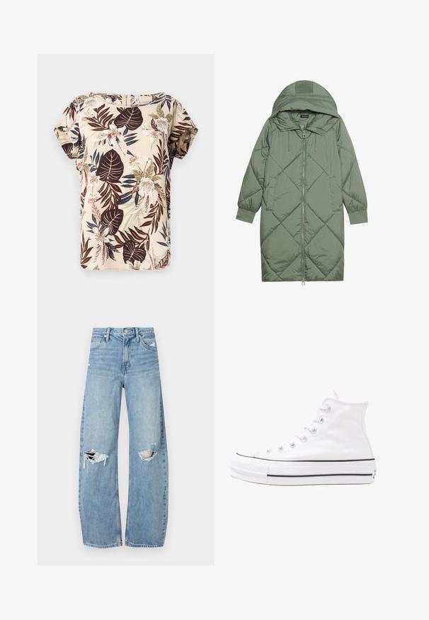 Vihreä vuorattu pitkänmallinen puhvitakki, jossa on huppu, etuvetoketju ja kaksi sivutaskua. Koko takin pinta on teksturoidussa timanttikuviossa.; Lyhythihainen beige paita, jossa on trooppinen kukkakuosi tummilla lehdillä, vaaleanpunaisilla kukilla ja vihreillä yksityiskohdilla. Sileä kangas.; Vaaleansiniset, korkeavyötäröiset farkut, jotka on valmistettu denimmateriaalista. Ominaisuuksiin kuuluvat leveät lahkeet, kaksi revittyä polvialuetta ja klassinen viiden taskun tyyli.; Valkoiset korkeavartiset kangaskengät mustalla kumipohjalla, edessä kuminen varvasosa ja kuusi nauha-aukkoa, puhtaan minimalistisella muotoilulla.