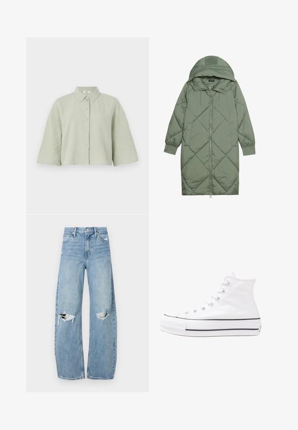 Quilted long green puffer coat with a hood, featuring a front zipper closure and two side pockets. Textured diamond pattern throughout.; Light green, short-sleeved button-up shirt made of textured fabric, featuring a pointed collar and a loose fit with a straight hem.; Light blue, high-waisted jeans made of denim. Feature wide legs, two torn knee areas, and classic five-pocket styling.; White high-top canvas sneaker with black rubber sole, front rubber toe cap, and six eyelets for laces, featuring a clean, minimalist design.