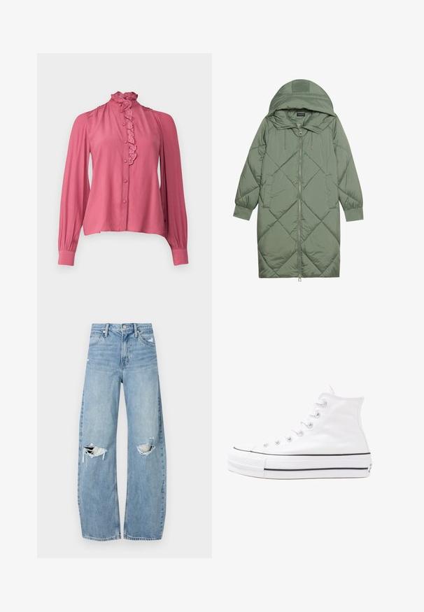 Casaco puffer longo verde acolchoado com capuz, apresentando um fecho frontal com zíper e dois bolsos laterais. Padrão texturizado em forma de diamante por todo o casaco.; Blusa rosa com mangas longas, fecho à frente com botões, gola franzida e tecido texturizado. Apresenta costura decorativa ao longo do fecho e dos ombros.; Jeans de lavagem clara, de cintura alta, feitos de denim. Apresentam pernas largas, duas áreas rasgadas nos joelhos e o estilo clássico de cinco bolsos.; Sapatilha alta de tela branca com sola de borracha preta, bico de borracha na frente e seis ilhós para os atacadores, apresentando um design limpo e minimalista.