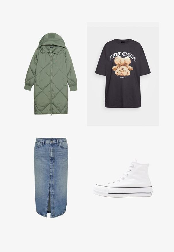 Manteau matelassé long vert avec capuche, doté d'une fermeture éclair à l'avant et de deux poches latérales. Motif en losanges texturé sur toute sa surface.; T-shirt noir oversize avec un graphique d'un ours et le texte « PAS MIGNON MAIS SAUVAGE » en lettres blanches, en gras. Matériau en coton.; Jupe en denim à délavage léger, longueur genoux avec fente avant, conception à cinq poches, fermeture à bouton et à glissière, et passants de ceinture à la taille.; Baskets montantes en toile blanche avec semelle en caoutchouc noir, capuchon en caoutchouc à l'avant, et six œillets pour les lacets, présentant un design épuré et minimaliste.