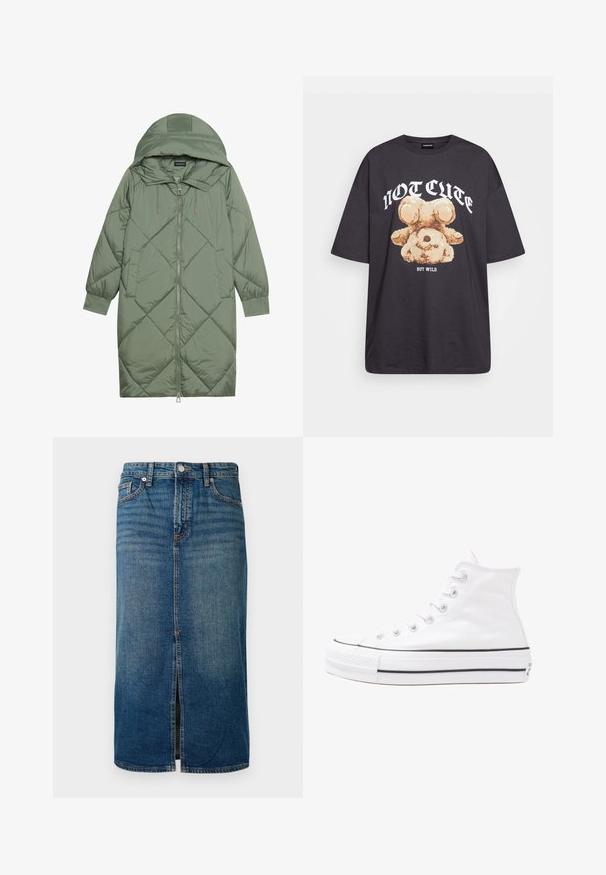 Prostorna dolga zeleni puffer plašč s kapuco, z zadrgo spredaj in dvema stranskima žepoma. Tekstura z diamantnim vzorcem po celotni površini.; Črna oversized majica s kratkimi rokavi, na kateri je grafika medveda z besedilom „NI SRČKAN VKLJUČNO Z DIVJIM“ v poudarjenem belem tisku. Material: bombaž.; Jeanski midi krilo v temno modri barvi z razporkom spredaj, petimi žepi in kontrastnim šivanjem. Ima zaponko in zadrgo na pasu.; Beli visoki platneni športni čevelj z črnim gumijastim podplatom, sprednjim gumijastim zaščitnikom za prste in šestimi luknjicami za vezalke, ki se ponaša s preprostim, minimalističnim dizajnom.