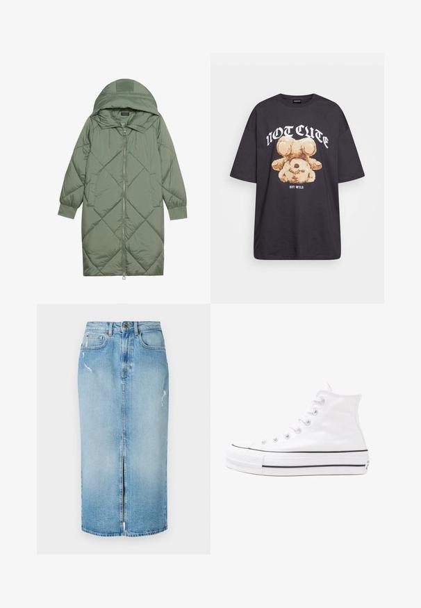 Quiltana duga zelena puffer jakna s kapuljačom, s prednjim zatvaračem i dva bočna džepa. Teksturni dijamantni uzorak kroz cijelu jaknu.; Crna oversized majica s grafikom medvjeda i natpisom "NIJE SLATKO, ALI DIVLJE" u podebljanim, bijelim slovima. Pamuk.; Svijetloplava denim midi suknja s prednjim prorezom, izblijedjelom teksturom i istrošenim detaljima. Sadrži petlje za remen i zatvaranje na patentni zatvarač sprijeda.; Bijela visoka platnena tenisica s crnom gumenom potplatom, prednjim gumenim zaštitnikom prstiju i šest rupa za vezanje, s čistim, minimalističkim dizajnom.