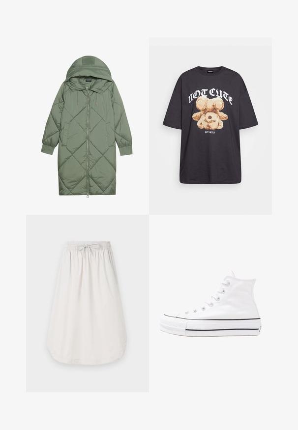 Quiltet lang grønn pufferjakke med hette, med en frontglidelås og to sidelommer. Teksturerte diamantmønster overalt.; Svart oversized t-skjorte med en grafikk av en bjørn og teksten "IKKE SØT, MEN VILL" i fet, hvit skrift. Laget av bomull.; New Balance A-line skjørt - grey matter; Hvit høy-skinn kanvas sneakers med svart gummisåle, gummitåhette foran og seks hull for snorer, med et rent, minimalistisk design.
