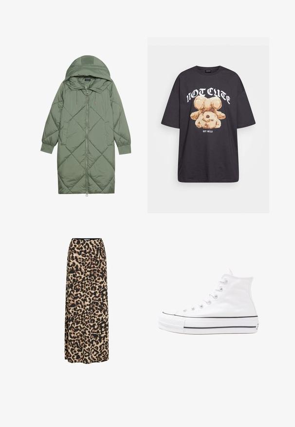 Vadderad lång grön pufferjacka med huva, med en framsidan dragkedjestängning och två sidofickor. Strukturerad diamantmönster över hela plagget.; Svart oversized t-shirt med en grafik av en björn och texten "INTE SÖT MEN VILD" i fet, vit lettering. Tillverkad av bomull.; VILA LEOA HIGH WAIST - Maxikjol - black; Vit hög topp canvas sneaker med svart gummisulan, framsidan gummitåhätta och sex öglor för snören, med en ren, minimalistisk design.