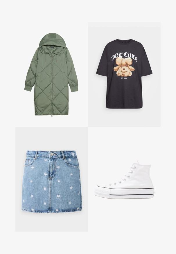 Steppelt, hosszú zöld pufikabát kapucnival, elöl cipzáras záródással és két oldalsó zsebből áll. Az anyagon teljes hosszában váltakozó gyémántmintázat található.; Fekete, oversized póló, rajta egy medvével és a "NEM CUKI, HANEM FÉKTELEN" felirattal vastag, fehér betűkkel. Pamut anyag.; Világoskék farmer szoknya fehér hímzett virágmintákkal, öt zsebből és gombos elülső részből áll, egyenes, mini hosszúságú fazonnal.; Fehér magaskorsó vászon sportcipő fekete gumi talppal, elülső gumi orrnyereggel és hat fűzőlyukkal, letisztult, minimalista dizájnnal.