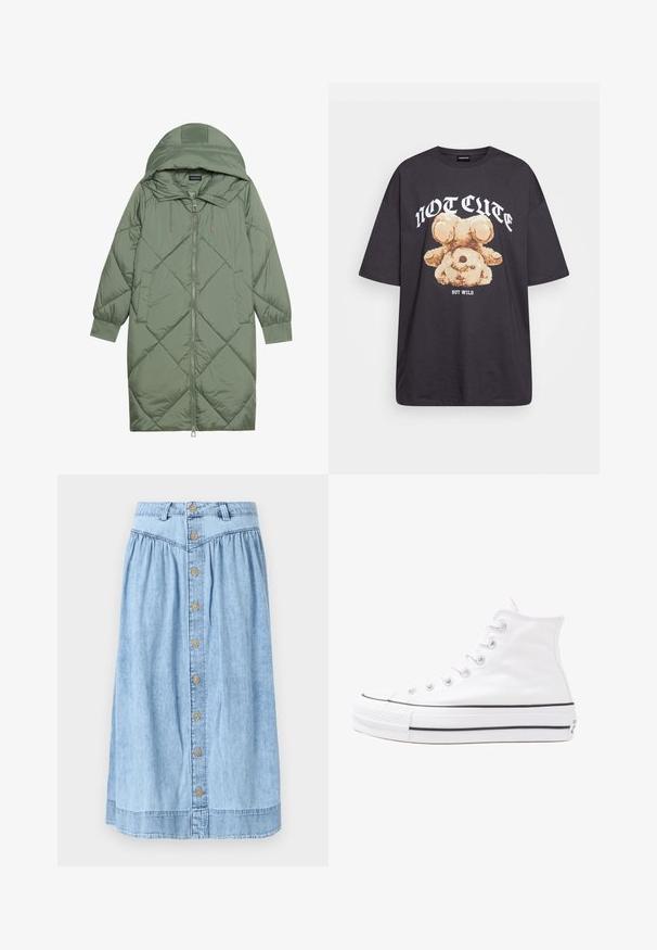 Cele nouă pictate în verde închis, din material pufos, cu glugă, care dispune de închidere cu fermoar frontal și două buzunare laterale. Model texturat cu un model în diamant pe întreaga suprafață.; Tricou oversized negru featuring un grafic cu un urs și textul „NU E DRĂGUȚ DAR SUNT SĂLBATIC” în litere albe, îndrăznețe. Material din bumbac.; Fustă din denim albastru deschis, cu un talie ajustată, închidere cu nasturi în față, buzunare și material pliat pentru o siluetă fluidă.; Adidași albi tip pantofi sport cu glezna din pânză, cu talpă din cauciuc negru, capac de vârf din cauciuc frontal și șase ochiuri pentru șireturi, având un design curat și minimalist.