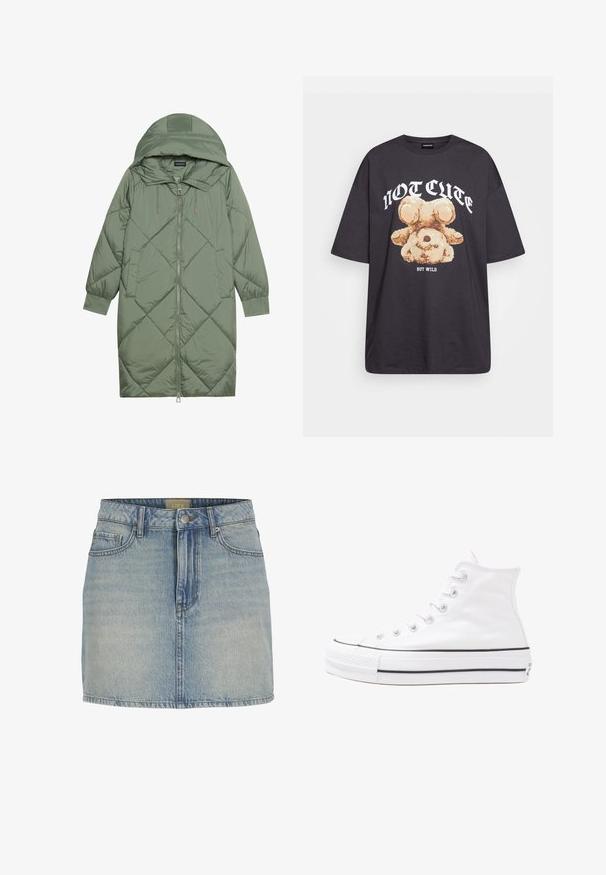 Casaco puffer longo verde acolchoado com capuz, apresentando um fecho frontal com zíper e dois bolsos laterais. Padrão texturizado em forma de diamante por todo o casaco.; T-shirt oversized preto com uma gráfica de um urso e o texto "NÃO FOFO, MAS SELVAGEM" em letras brancas e em negrito. Material em algodão.; Saia mini em denim azul claro com cintura ajustada, fecho frontal por botão, cinco bolsos e desbotamento subtil ao longo do tecido.; Sapatilha alta de tela branca com sola de borracha preta, bico de borracha na frente e seis ilhós para os atacadores, apresentando um design limpo e minimalista.