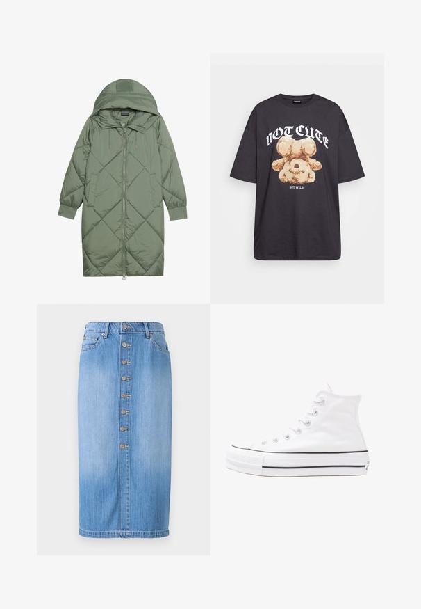 Quiltet lang grønn pufferjakke med hette, med en frontglidelås og to sidelommer. Teksturerte diamantmønster overalt.; Svart oversized t-skjorte med en grafikk av en bjørn og teksten "IKKE SØT, MEN VILL" i fet, hvit skrift. Laget av bomull.; Blå denim midi-skjørt med rett snitt, med knappelukking foran, fem lommer og en falmet vask for tekstur.; Hvit høy-skinn kanvas sneakers med svart gummisåle, gummitåhette foran og seks hull for snorer, med et rent, minimalistisk design.