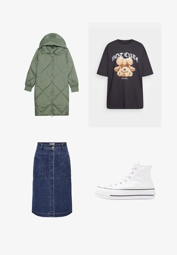 Vadderad lång grön pufferjacka med huva, med en framsidan dragkedjestängning och två sidofickor. Strukturerad diamantmönster över hela plagget.; Svart oversized t-shirt med en grafik av en björn och texten "INTE SÖT MEN VILD" i fet, vit lettering. Tillverkad av bomull.; Denim A-linje kjol i mörkblått, med två stora framfickor, en central knappstängning och kontrastsöm längs sömmarna.; Vit hög topp canvas sneaker med svart gummisulan, framsidan gummitåhätta och sex öglor för snören, med en ren, minimalistisk design.