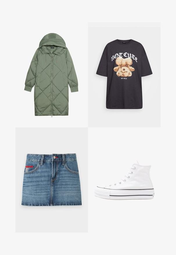 Casaco puffer longo verde acolchoado com capuz, apresentando um fecho frontal com zíper e dois bolsos laterais. Padrão texturizado em forma de diamante por todo o casaco.; T-shirt oversized preto com uma gráfica de um urso e o texto "NÃO FOFO, MAS SELVAGEM" em letras brancas e em negrito. Material em algodão.; Saia mini de ganga em azul médio com textura desbotada, cinco bolsos e pormenores em pespontado vermelho. Apresenta um fecho de botão e passadores para cinto.; Sapatilha alta de tela branca com sola de borracha preta, bico de borracha na frente e seis ilhós para os atacadores, apresentando um design limpo e minimalista.