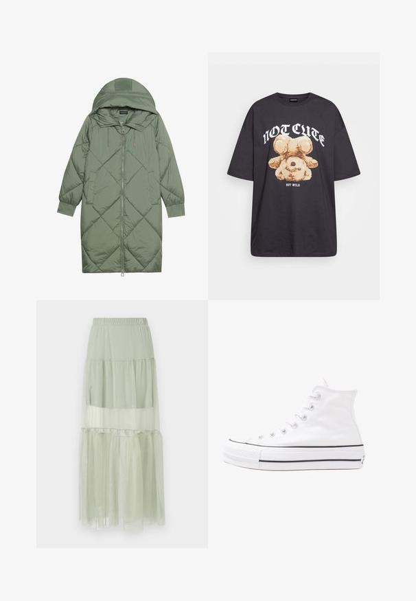 Manteau matelassé long vert avec capuche, doté d'une fermeture éclair à l'avant et de deux poches latérales. Motif en losanges texturé sur toute sa surface.; T-shirt noir oversize avec un graphique d'un ours et le texte « PAS MIGNON MAIS SAUVAGE » en lettres blanches, en gras. Matériau en coton.; Jupe superposée vert clair en tissu transparent, dotée d'une taille élastique et d'un design fluide à plusieurs niveaux avec une texture douce.; Baskets montantes en toile blanche avec semelle en caoutchouc noir, capuchon en caoutchouc à l'avant, et six œillets pour les lacets, présentant un design épuré et minimaliste.