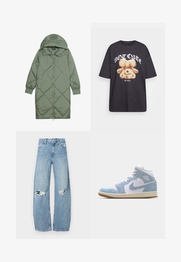 Puchowy, długi, zielony płaszcz z kapturem, z zamkiem błyskawicznym z przodu i dwoma bocznymi kieszeniami. Całość pokryta fakturowanym wzorem diamentowym.; Czarny, oversize t-shirt z grafiką niedźwiedzia i napisem „NIE UROCZY, ALE DZIKI” w grubej, białej czcionce. Materiał bawełniany.; Jasnoniebieskie, wysokiej talii dżinsy wykonane z denimu. Posiadają szerokie nogawki, dwa podarte miejsca na kolanach oraz klasyczne pięć kieszeni.; Jordan AIR JORDAN 1 SE biały