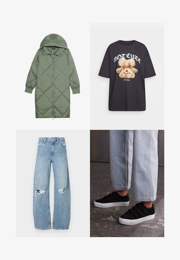 Abrigo acolchado largo verde tipo puffer con capucha, que presenta un cierre frontal con cremallera y dos bolsillos laterales. Patrón de diamantes texturizado en toda su superficie.; Camiseta negra de gran tamaño con un gráfico de un oso y el texto "NO LINDO SINO SALVAJE" en letras blancas y en negrita. Material de algodón.; Vaqueros de mezclilla de tiro alto en azul claro. Tienen piernas anchas, dos áreas desgastadas en las rodillas y un estilo clásico de cinco bolsillos.; Zapatillas de corduroy negro con tres correas de Velcro y una parte superior texturizada. Suela de goma blanca de perfil bajo. Llevadas con pantalones recortados en azul claro.