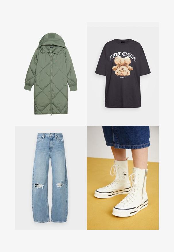 Gesteppten langer grüner Daunenmantel mit Kapuze, mit einem Reißverschluss vorne und zwei Seitentaschen. Strukturiertes Rautenmuster auf der gesamten Fläche.; Schwarzes, übergroßes T-Shirt mit einem Grafikdruck eines Bären und dem Text "NICHT SÜß, SONDERN WILD" in fetter, weißer Schrift. Baumwollmaterial.; Helles, hochtailliertes Jeans aus Denim. Hat weit geschnittene Beine, zwei aufgerissene Kniebereiche und klassischen Fünf-Taschen-Stil.; Weiße High-Top-Sneaker mit Reißverschluss, Schnürdesign und schwarzen Streifenakzenten auf einer dicken Sohle. Texturiertes Canvas-Material.