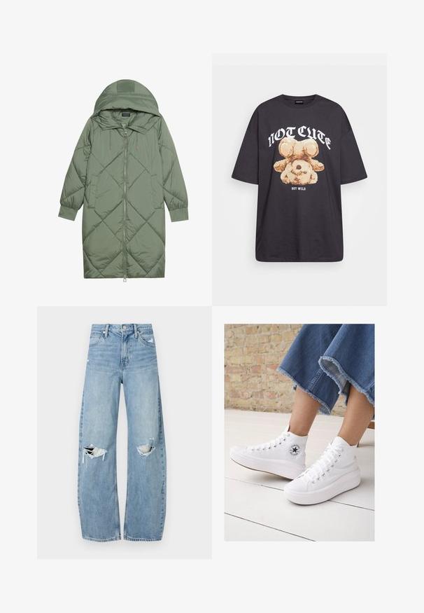 Prošívaný dlouhý zelený péřový kabát s kapucí, který má přední zip a dvě boční kapsy. Po celém povrchu je texturovaný diamantový vzor.; Černé oversized tričko s grafikou medvěda a textem „NENÍ CUTE, ALE DIVOKÝ“ v tučném bílém písmu. Bavlněný materiál.; Světle modré džíny s vysokým pasem vyrobené z denimu. Mají široké nohavice, dvě roztržené oblasti na kolenou a klasický pětikapsový střih.; Bílé vysoké tenisky vyrobené z plátna s gumovou podrážkou, obsahující stříbrné očka, kulatou nášivku s logem a strukturovanou platformovou podrážku.