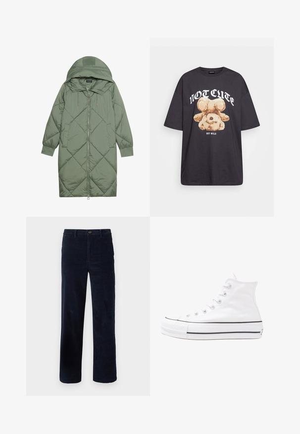 Quilted long green puffer coat with a hood, featuring a front zipper closure and two side pockets. Textured diamond pattern throughout.; Black oversized t-shirt featuring a graphic of a bear with the text “NOT CUTE BUT WILD” in bold, white lettering. Cotton material.; Navy corduroy pants with straight legs, featuring a button closure and textured fabric. No visible patterns or accents.; White high-top canvas sneaker with black rubber sole, front rubber toe cap, and six eyelets for laces, featuring a clean, minimalist design.